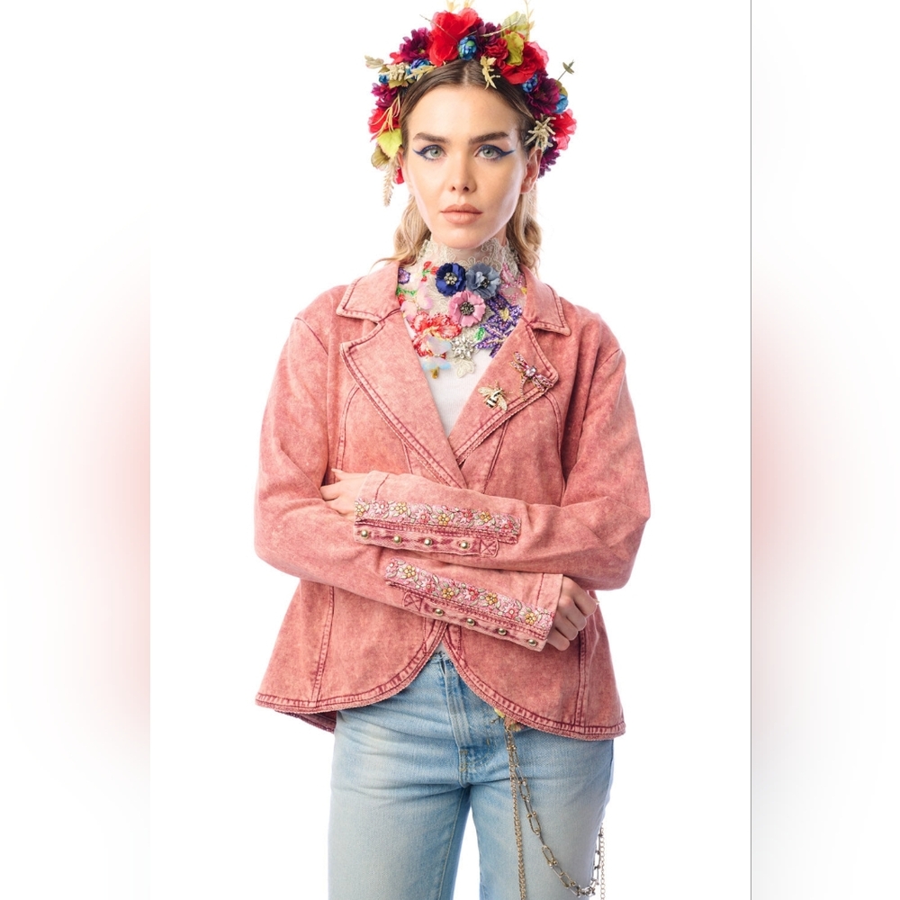 NWT Floral Embroidered Pink French Terry Jacket - Picture 3 of 13